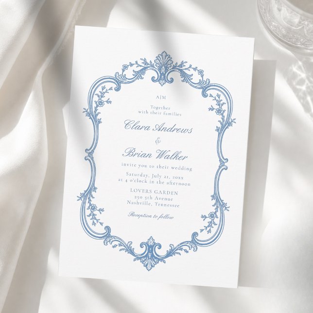 Elegant Vintage Monogram Wedding Dusty Blue Invitation (Elegant Vintage Monogram Wedding White Blue Invitation)