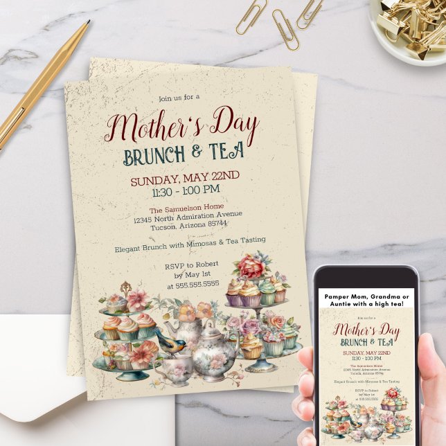 Elegant Vintage Mother's Day Brunch Tea Party Invitation (Vintage high tea invitation for Mother's Day or any tea party event. Floral greenery and teacups)