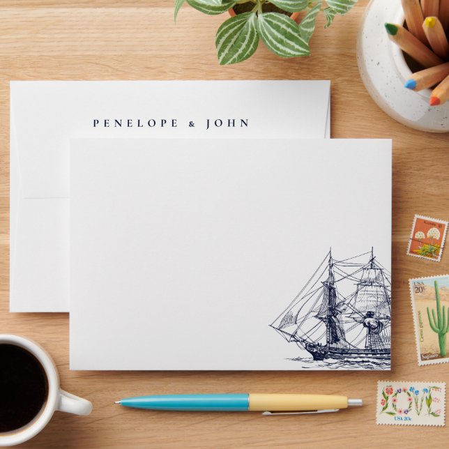 Elegant Vintage Nautical Boat Illustration Wedding Envelope (Desk)
