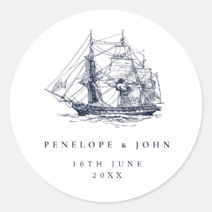 Elegant Vintage Nautical Ship Destination Wedding Classic Round Sticker