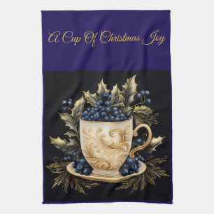 Elegant Vintage Navy Blue and Gold Christmas Kitch Tea Towel