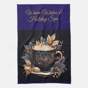 Elegant Vintage Navy Blue and Gold Christmas Kitch Tea Towel