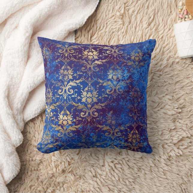 Elegant Vintage Navy Blue Gold Damask Cushion (Blanket)