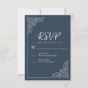Elegant Vintage Navy Blue White Wedding RSVP Card
