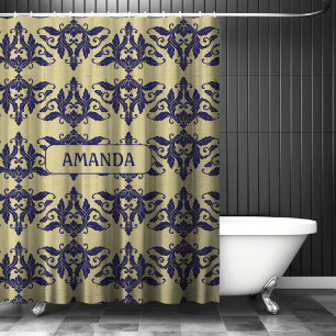 Elegant Vintage Navy Blue Yellow Damask Monogram Shower Curtain