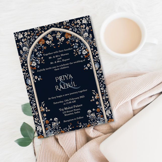 Elegant Vintage Navy Floral Arch Indian Wedding Invitation (Creator Uploaded)