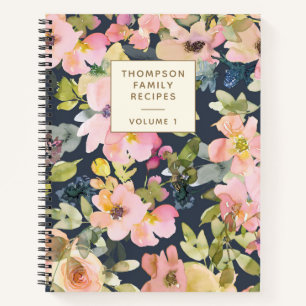 Elegant Vintage Navy Floral Personalised Recipe    Notebook