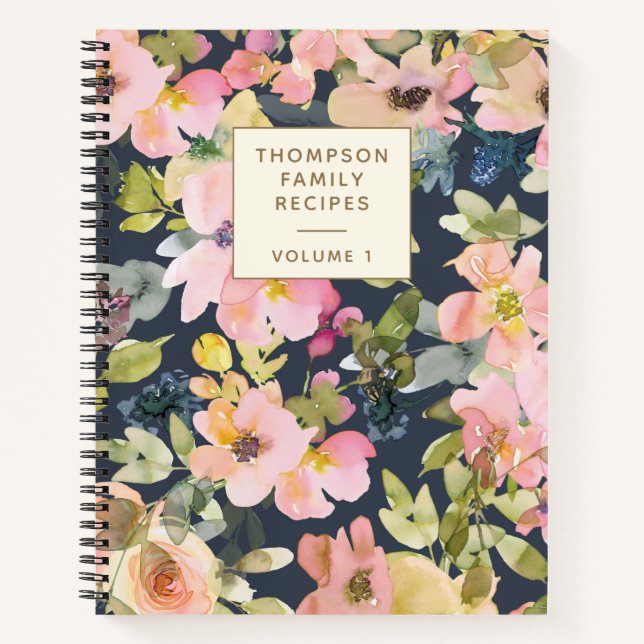Elegant Vintage Navy Floral Personalised Recipe    Notebook (Front)
