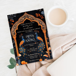 Elegant Vintage Navy Peacocks Arch Indian Wedding Invitation