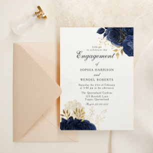 Elegant Vintage Navy Roses Engagement Party Invitation