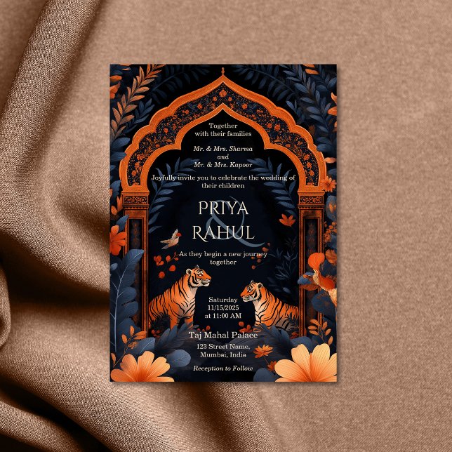 Elegant Vintage Navy Tigers Arch Indian Wedding Invitation (indian wedding invitation with two tigers)