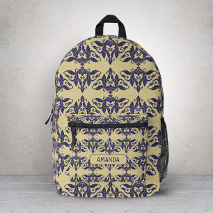 Elegant Vintage Navy Yellow Damask Monogram Toile Printed Backpack