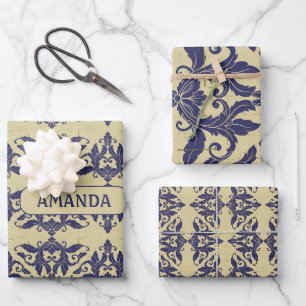 Elegant Vintage Navy Yellow Damask Monogram Wrapping Paper Sheet