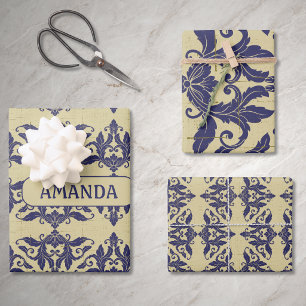 Elegant Vintage Navy Yellow Damask Monogram Wrapping Paper Sheet