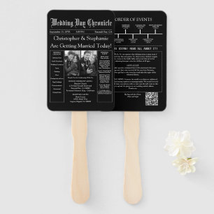 Elegant Vintage Newspaper Wedding Program QR Code Hand Fan