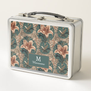 Elegant Vintage Nouveau Floral Birds Pattern Metal Lunch Box