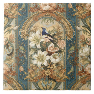 Elegant Vintage Nouveau Floral Birds Tile