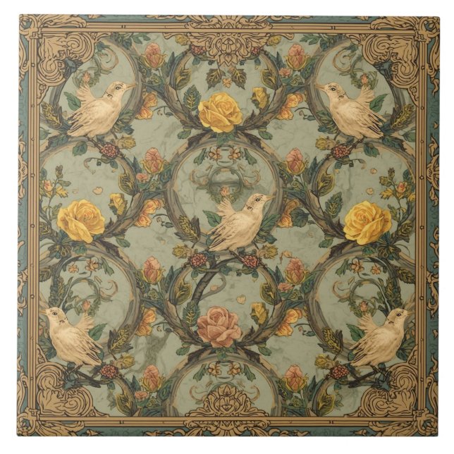 Elegant Vintage Nouveau Floral Birds Tile (Front)
