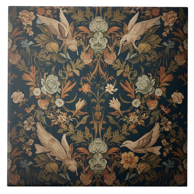 Elegant Vintage Nouveau Floral Birds Tile (Front)
