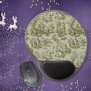 Elegant vintage olive green toile de jouy gel mouse mat