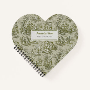 Elegant vintage olive green toile de jouy heart notebook