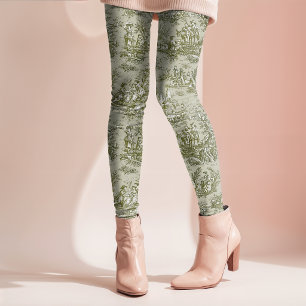 Elegant vintage olive green toile de jouy leggings