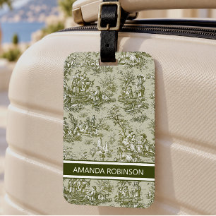 Elegant vintage olive green toile de jouy luggage tag