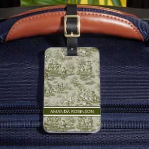 Elegant vintage olive green toile de jouy luggage tag