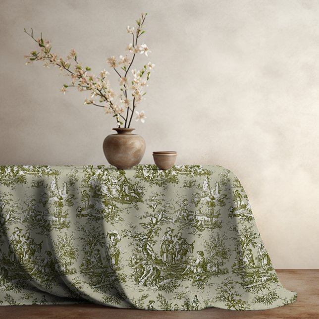 Elegant vintage olive green toile de jouy printed tablecloth (Creator Uploaded)