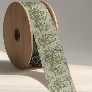 Elegant vintage olive green toile de jouy satin ribbon