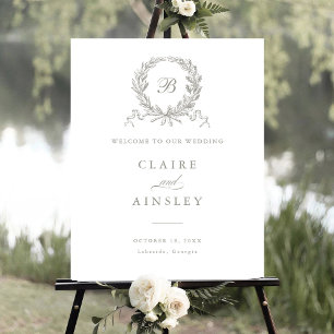 Elegant Vintage Olive Oak Grey Wreath Welcome Sign