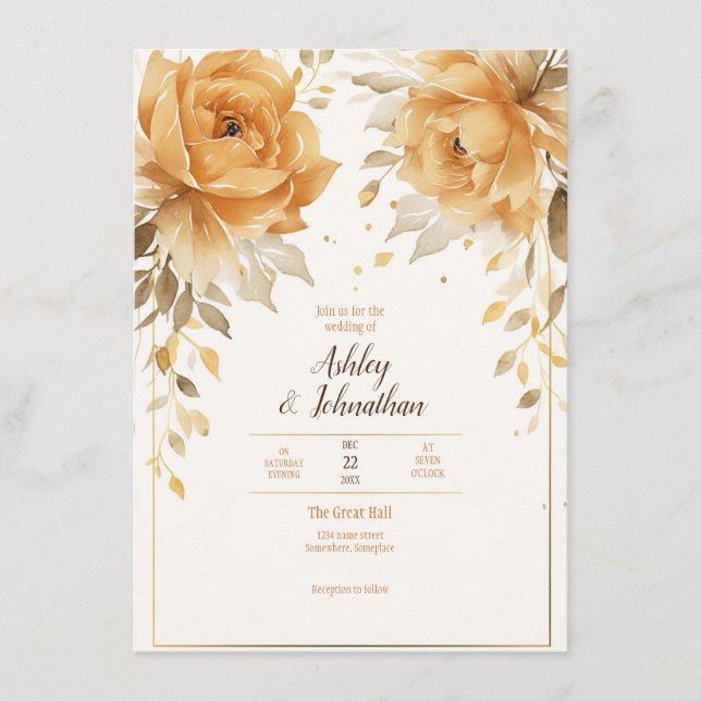 Elegant vintage orange flowers wedding invitation (Front)