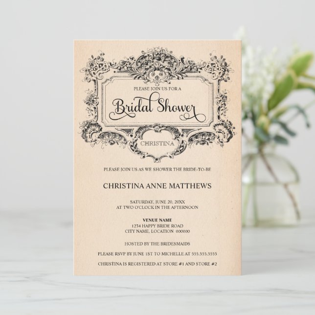 Elegant Vintage Ornament Bridal Shower Invitation (Standing Front)