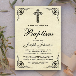 Elegant Vintage Ornate Cross Baptism Invitation