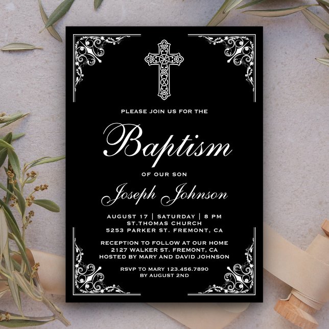 Elegant Vintage Ornate Cross Baptism Invitation (Creator Uploaded)