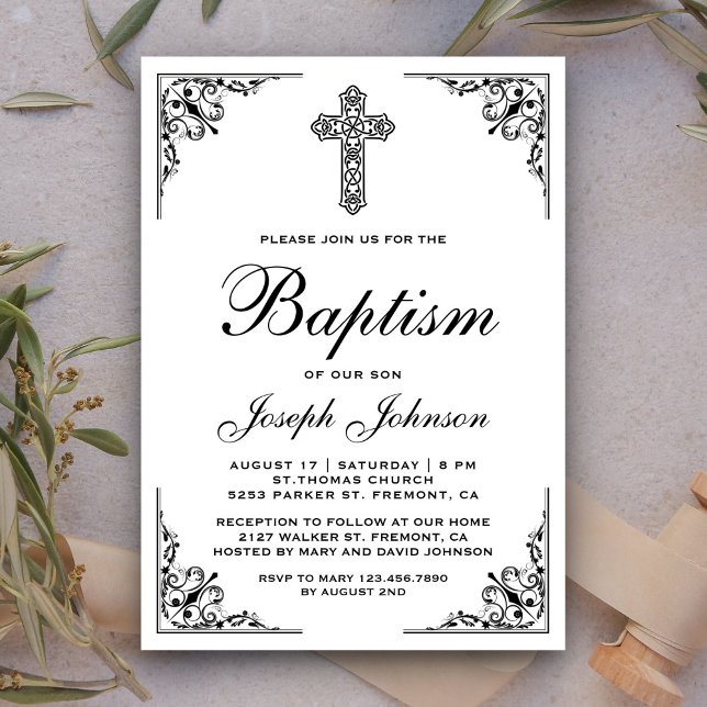 Elegant Vintage Ornate Cross Baptism Invitation (Creator Uploaded)