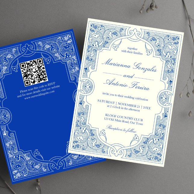 Elegant vintage ornate frame wedding template (Elegant vintage antique ornate royal blue ivory frame wedding invitation template digital download)