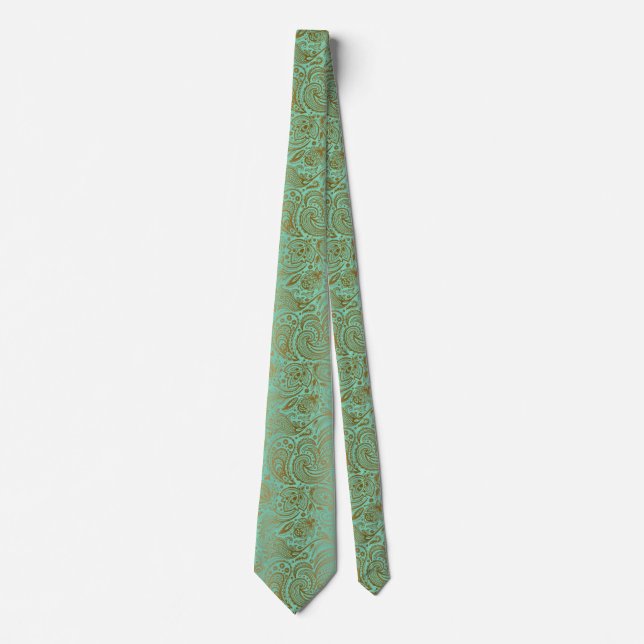 Elegant Vintage Paisley Pattern Mint-green & Gold Tie (Front)