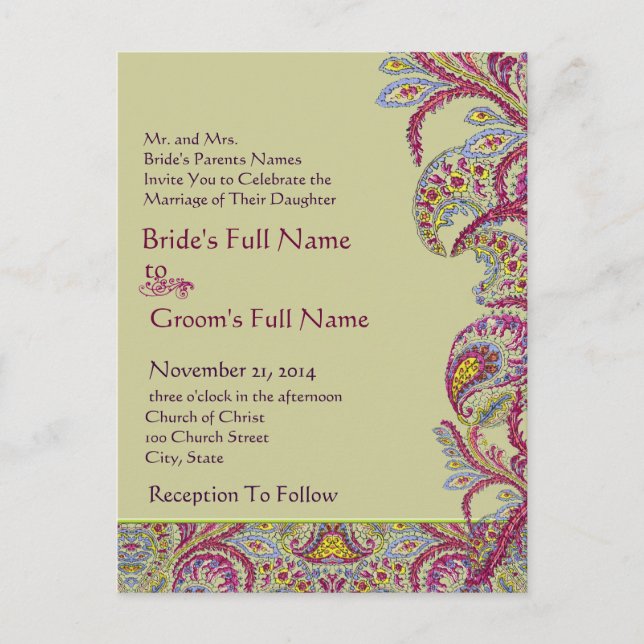 Elegant Vintage Paisley Wedding Invitation (Front)