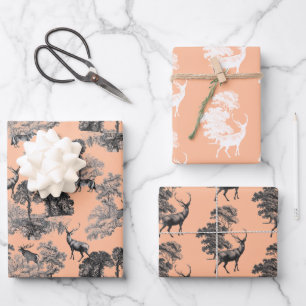 Elegant Vintage Peach Black White Toile Deer Woods Wrapping Paper Sheet