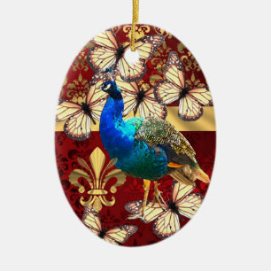 Elegant vintage peacock and red damask ceramic tree decoration