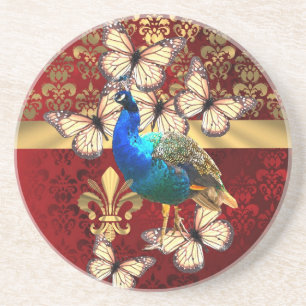 Elegant vintage peacock and red damask coaster