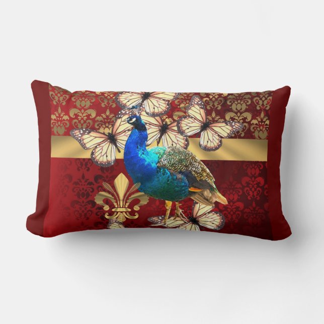 Elegant vintage peacock and red  damask lumbar cushion (Front)