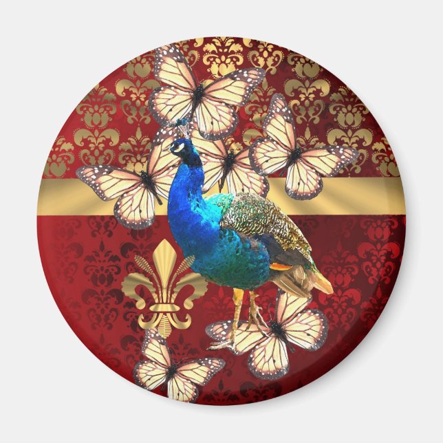 Elegant vintage peacock and red  damask magnet (Front)
