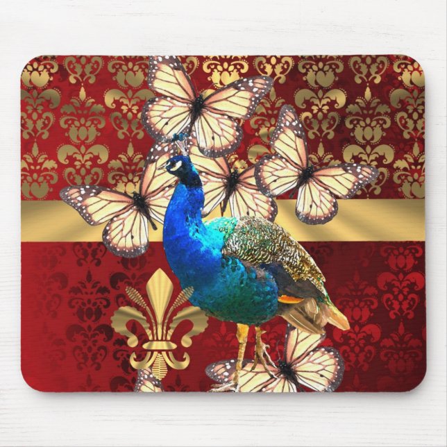 Elegant vintage peacock and red  damask mouse mat (Front)