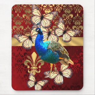 Elegant vintage peacock and red damask mouse mat