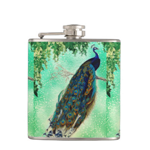 Elegant vintage peacock artwork hip flask
