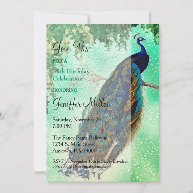 Elegant vintage peacock artwork                    invitation (Front)
