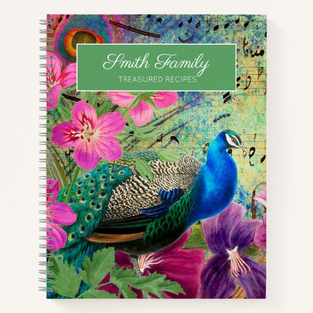 Elegant Vintage Peacock Family Recipes  Notebook (Front)