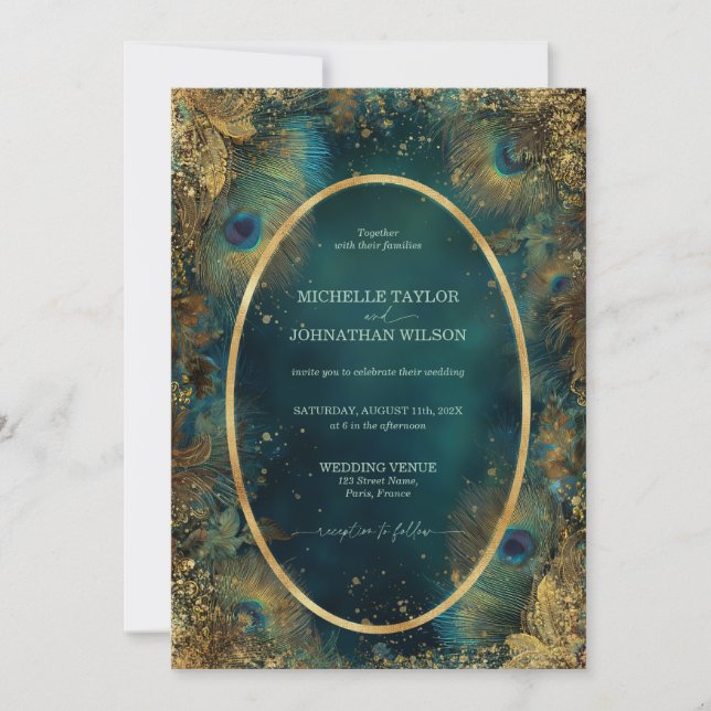 Elegant Vintage Peacock Feather Enchanted Forest Invitation (Front)